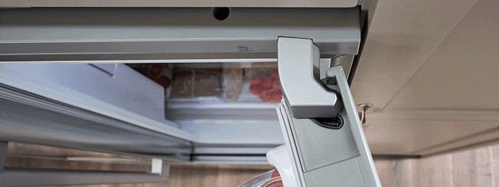 LG InstaView refrigerator centered in a green kitchen with surrounding shelves sink and built-in appliances