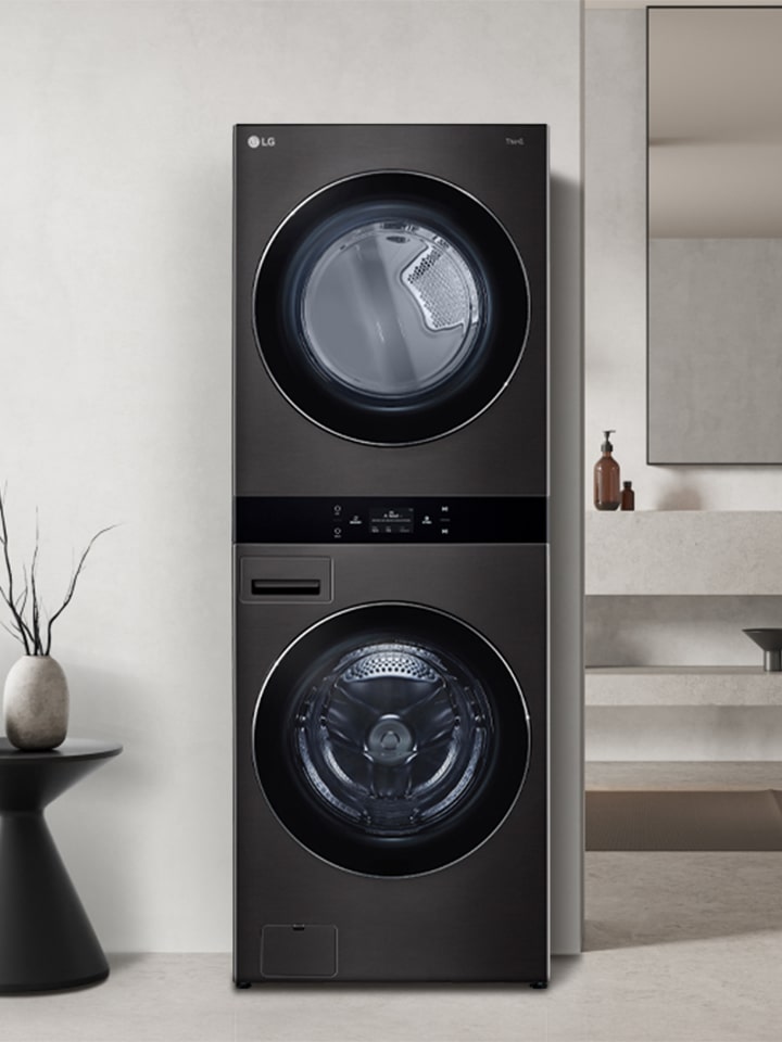 LG WashTower with built-in AI-powered sensors that automatically detect fabric type, soil level, and load size to select optimal wash settings, while Smart Pairing helps coordinate compatible dryer cycles for convenient, advanced fabric care.