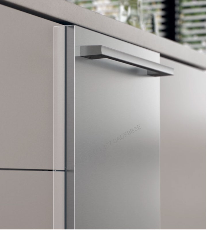 Close-up of a modern stainless steel dishwasher integrated into light gray kitchen cabinetry with a sleek bar handle.
