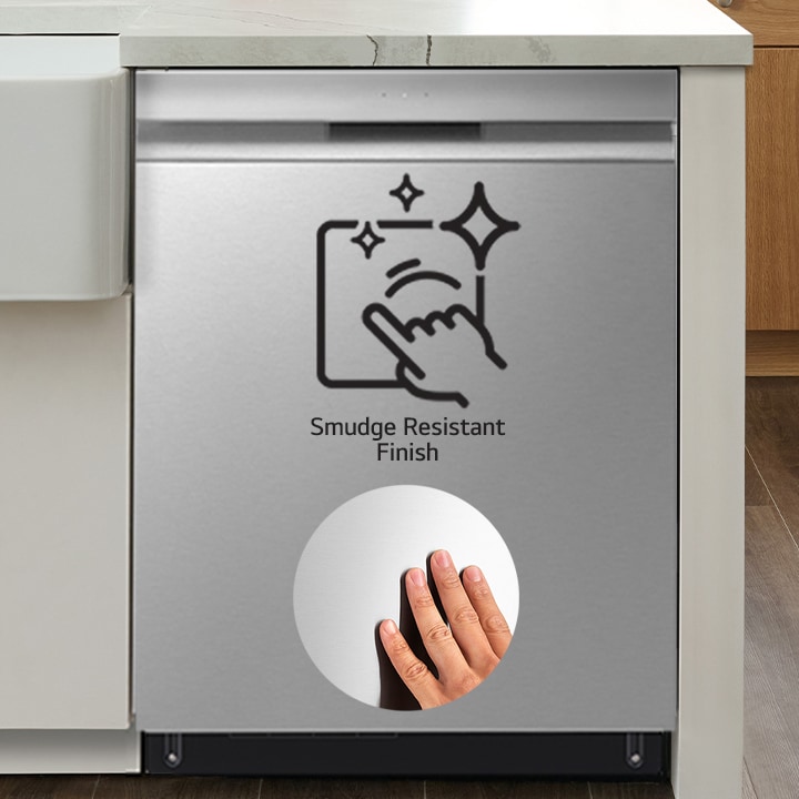 Stainless steel dishwasher with a smudge-resistant finish, shown with a hand touching the clean surface.