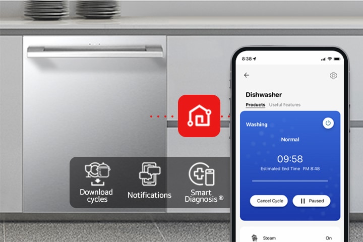 Stainless steel dishwasher in a kitchen next to a smartphone showing a cycle completion notification app.