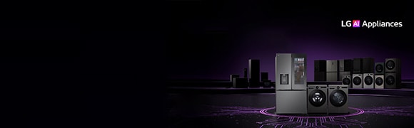 Lineup of LG home appliances including refrigerators, washing machines, dryers, and kitchen appliances displayed on a dark stage with a circuit board pattern floor.