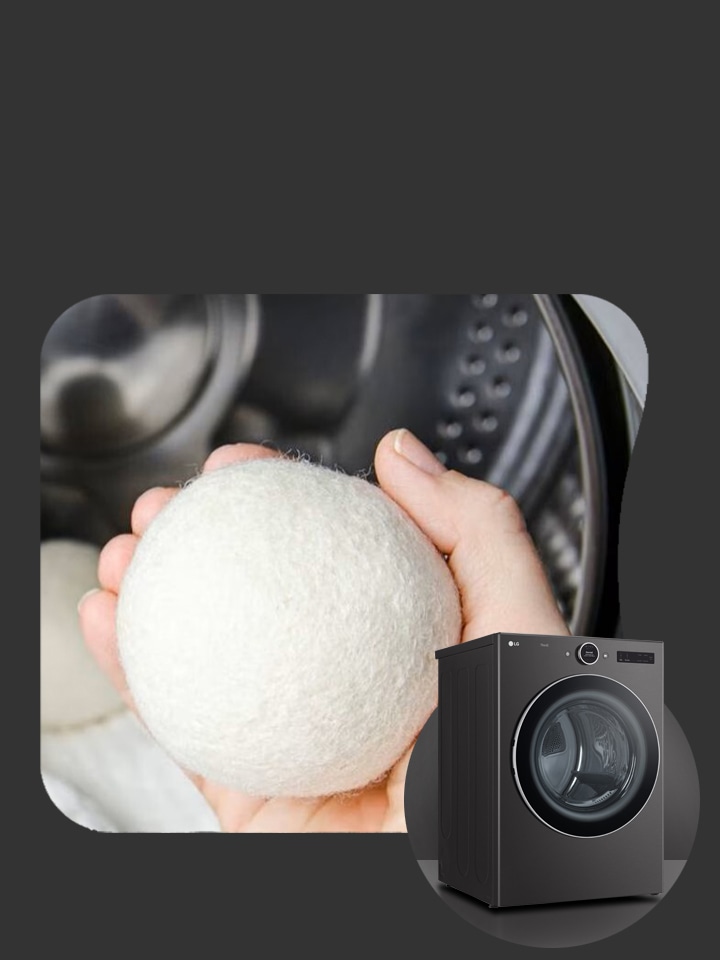 LG dryer with a dryer ball in a hand and full dark front-load model on the right