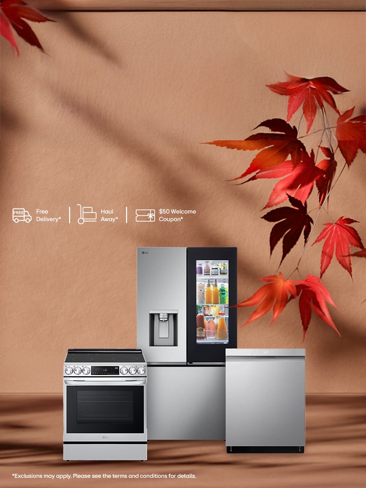 Appliance upgrade offer - Save on eligible kitchen appliances including refrigerators, cooktops, and ranges, with free delivery and haul-away