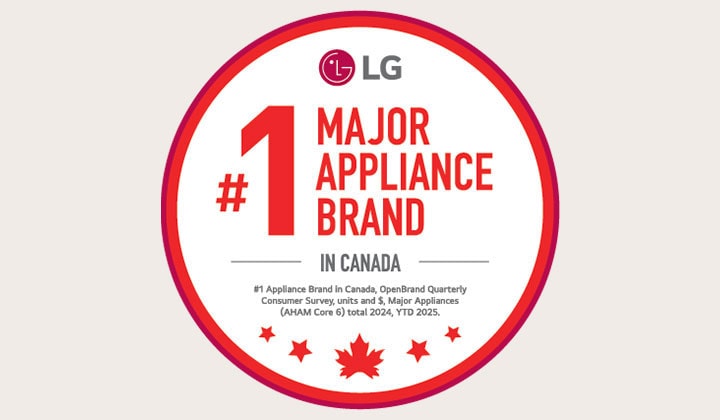 LG badge reading “#1 Major Appliance Brand in Canada,” based on 2025 OpenBrand consumer survey results, with maple leaf and star icons symbolizing national recognition.