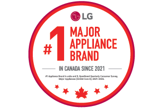 LG badge reading “#1 Major Appliance Brand in Canada,” based on 2025 OpenBrand consumer survey results, with maple leaf and star icons symbolizing national recognition.