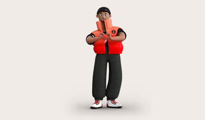 3D LG brand character wearing a red vest, black shirt, and sneakers, making a heart gesture with hands—symbolizing care, support, and LG’s commitment to helping customers.