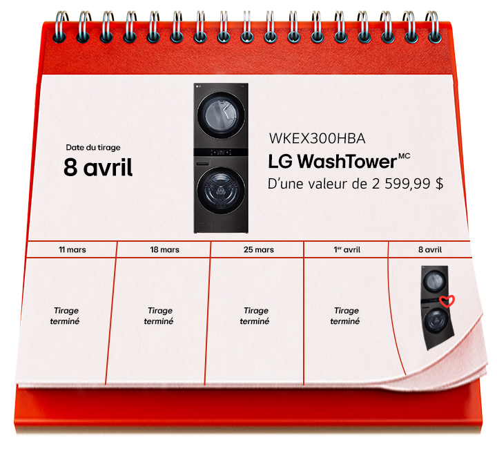 Prix des tirages hebdomadaires Semaine 1/Semaine 2/Semaine 3/Semaine 4/Semaine 5 Valeur de 2 199,99 $ À venir bientôt!