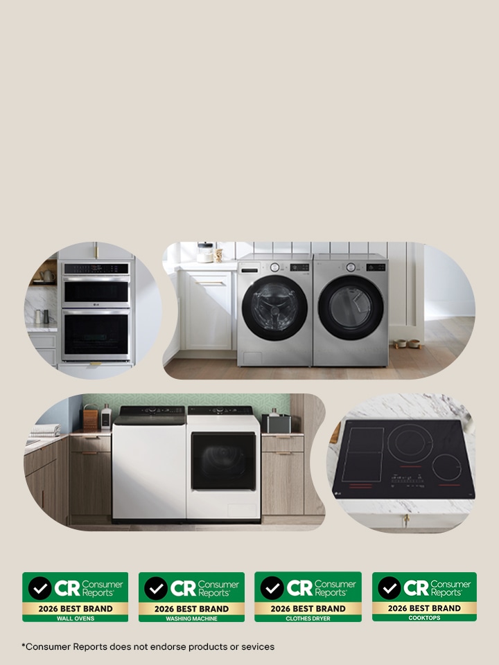 Lineup of LG appliances including a French-door refrigerator, electric range, washing machine, and dryer, displayed in a modern setting with 2025 Consumer Reports “Best Brand” badges for each category shown below.