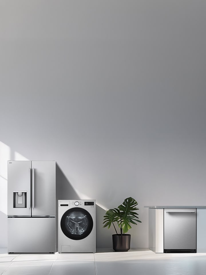 LG ENERGY STAR certified refrigerator, front-load washer, and built-in dishwasher showcased in a bright, modern home.