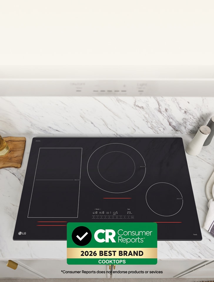 Banner showcasing certified LG Cooktops, rated and reliable according to Consumer Reports.