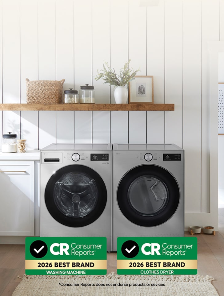 Banner showcasing certified LG Laundry machines, rated and reliable according to Consumer Reports.