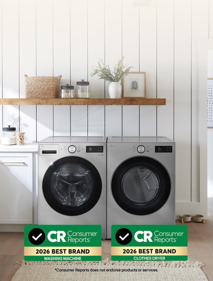Banner showcasing certified LG Laundry machines, rated and reliable according to Consumer Reports.