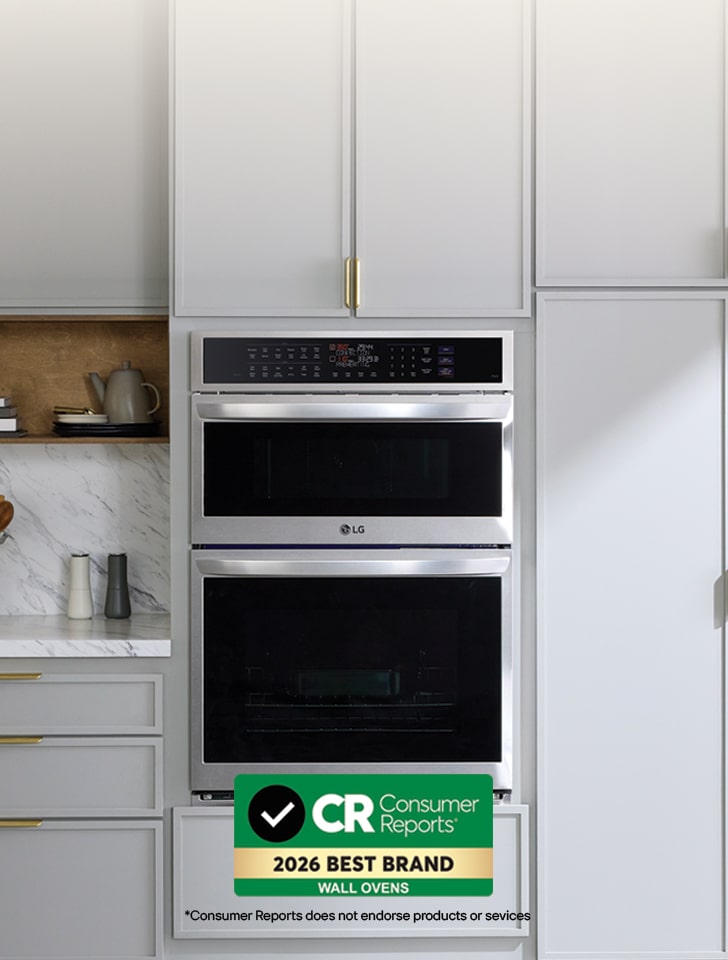 Banner showcasing certified LG Wall Ovens, rated and reliable according to Consumer Reports.