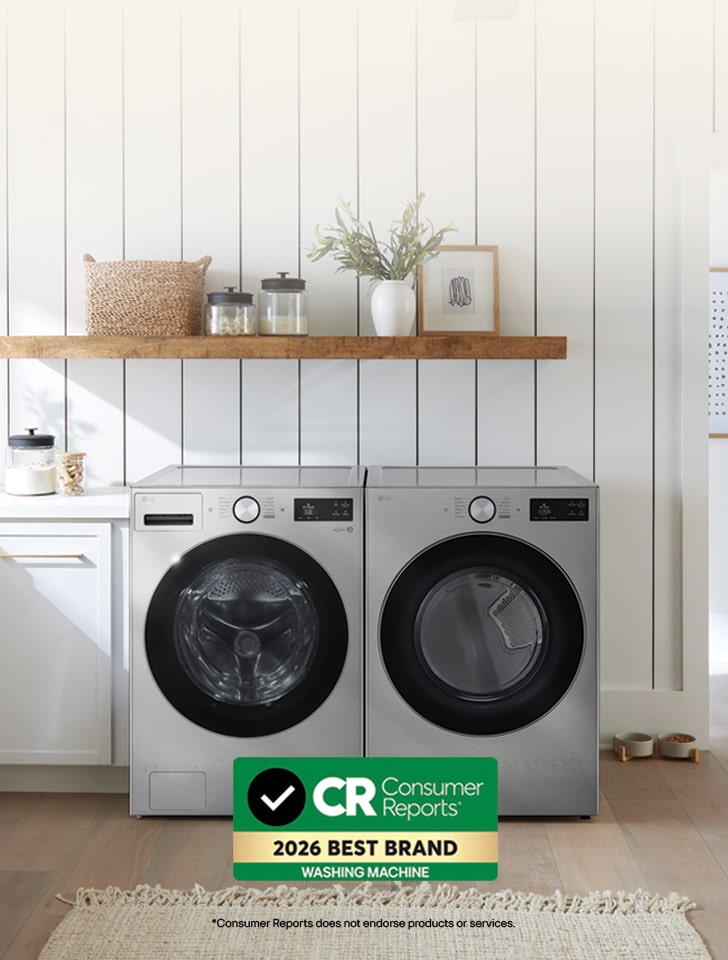 Banner showcasing certified LG Washers, rated and reliable according to Consumer Reports.
