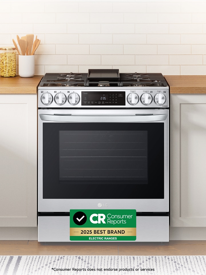 Banner showcasing certified LG  Ranges, rated and reliable according to Consumer Reports.
