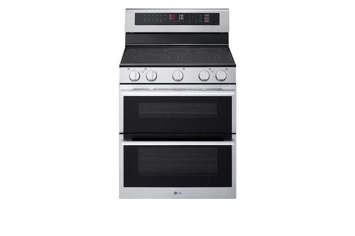 Front view of LG 30" Elec. 7.3 cu ft. Double Oven Range | Probake Convection, Air Sous-Vide, Air Fry, SelfClean, EasyClean®& Smart, Stainless, Freestanding - LDEL7324YE