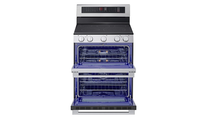 Front view of LG 30" Elec. 7.3 cu ft. Double Oven Range | Probake Convection, Air Sous-Vide, Air Fry, SelfClean, EasyClean®& Smart, Stainless, Freestanding with door open - LDEL7324YE