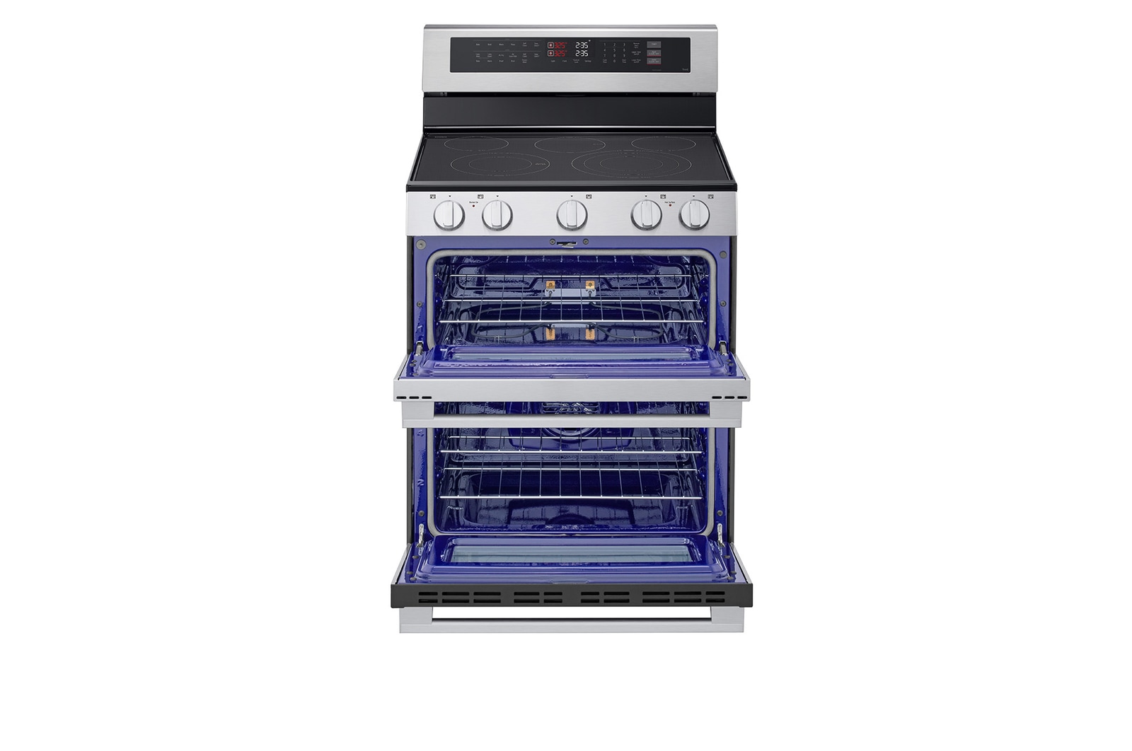 Front view of LG 30" Elec. 7.3 cu ft. Double Oven Range | Probake Convection, Air Sous-Vide, Air Fry, SelfClean, EasyClean®& Smart, Stainless, Freestanding with door open - LDEL7324YE