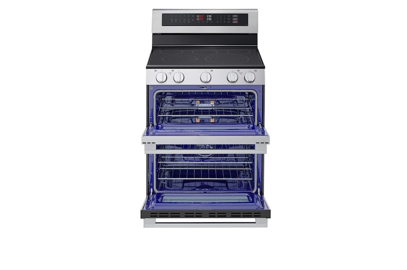 Front view of LG 30" Elec. 7.3 cu ft. Double Oven Range | Probake Convection, Air Sous-Vide, Air Fry, SelfClean, EasyClean®& Smart, Stainless, Freestanding with door open - LDEL7324YE