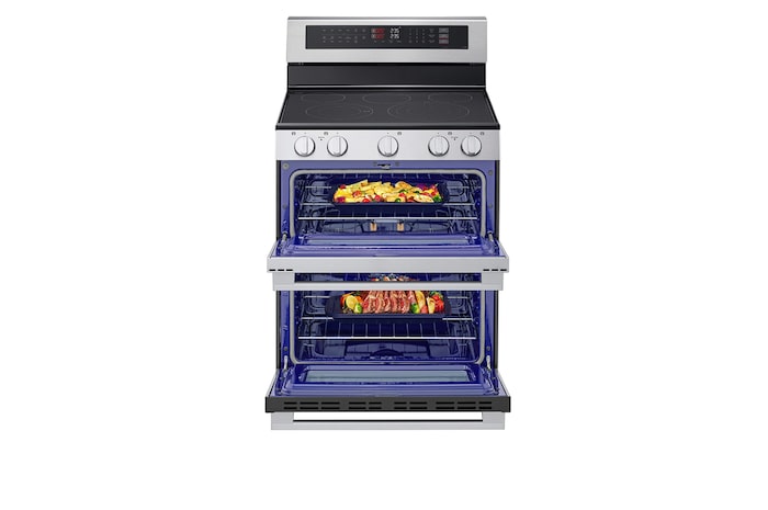 Front view of LG 30" Elec. 7.3 cu ft. Double Oven Range | Probake Convection, Air Sous-Vide, Air Fry, SelfClean, EasyClean®& Smart, Stainless, Freestanding with door open - LDEL7324YE