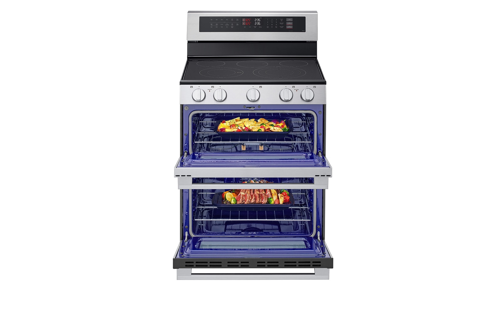 Front view of LG 30" Elec. 7.3 cu ft. Double Oven Range | Probake Convection, Air Sous-Vide, Air Fry, SelfClean, EasyClean®& Smart, Stainless, Freestanding with door open - LDEL7324YE