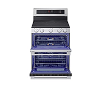 Front view of LG 30" Elec. 7.3 cu ft. Double Oven Range | Probake Convection, Air Sous-Vide, Air Fry, SelfClean, EasyClean®& Smart, Stainless, Freestanding with door open - LDEL7324YE