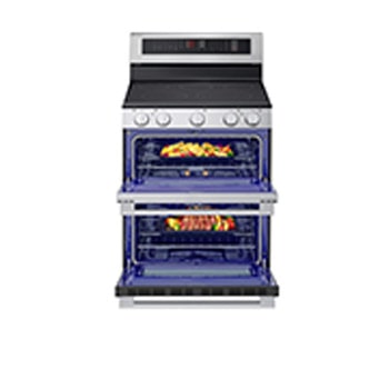 Front view of LG 30" Elec. 7.3 cu ft. Double Oven Range | Probake Convection, Air Sous-Vide, Air Fry, SelfClean, EasyClean®& Smart, Stainless, Freestanding with door open - LDEL7324YE