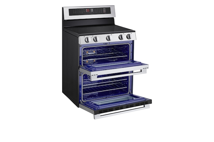 Side view of LG 30" Elec. 7.3 cu ft. Double Oven Range | Probake Convection, Air Sous-Vide, Air Fry, SelfClean, EasyClean®& Smart, Stainless, Freestanding LDEL7324YE.BSTLLCA