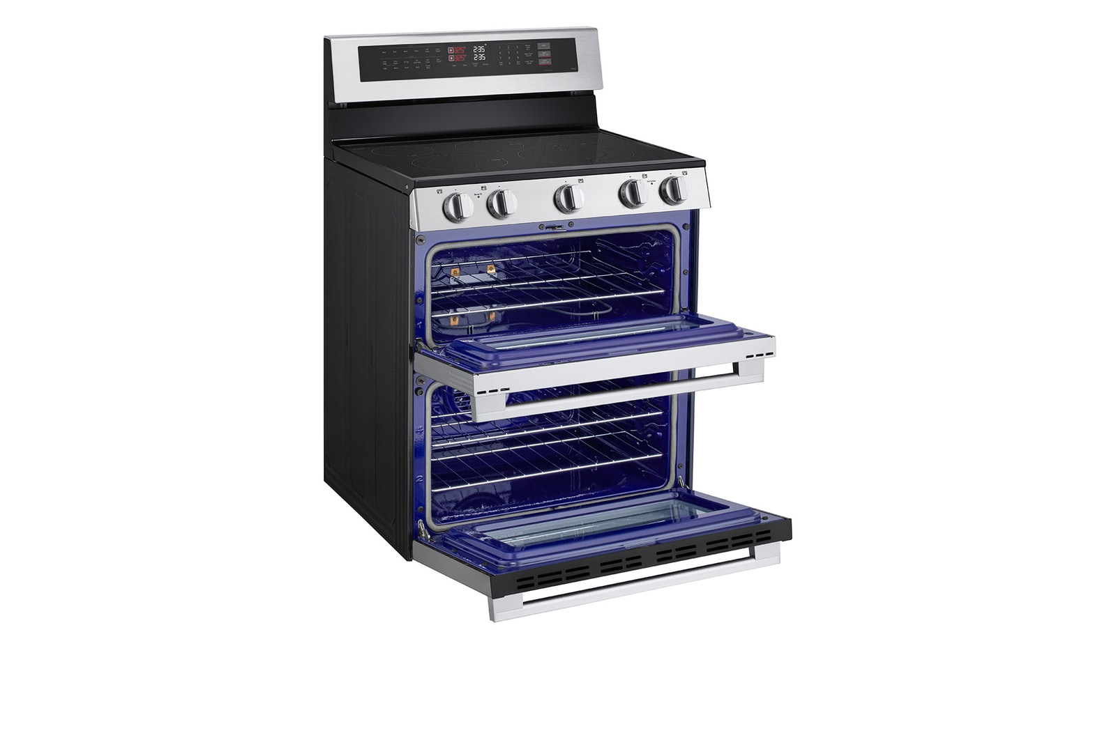 Side view of LG 30" Elec. 7.3 cu ft. Double Oven Range | Probake Convection, Air Sous-Vide, Air Fry, SelfClean, EasyClean®& Smart, Stainless, Freestanding LDEL7324YE.BSTLLCA