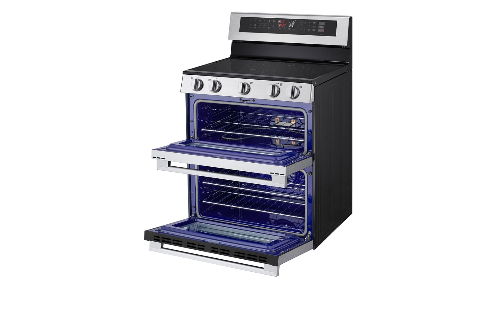 Side view of LG 30" Elec. 7.3 cu ft. Double Oven Range | Probake Convection, Air Sous-Vide, Air Fry, SelfClean, EasyClean®& Smart, Stainless, Freestanding LDEL7324YE.BSTLLCA