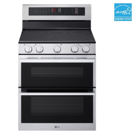 LG 30" Elec. 7.3 cu. ft. Double Oven Range Probake Convection, Air Sous-Vide, Air Fry, SelfClean, EasyClean& Smart, Stainless, Freestanding Range Hood
