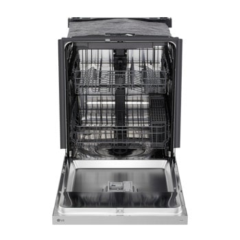 Front view of LG LG FlushFit™ Dishwasher | 48 dB, SteamAssist™, AutoVentDry™, 3rd Rack, Front Control, Stainless with door open - LDNFC33LS