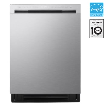 Front view of LG FlushFit™ Dishwasher | 48 dB, SteamAssist™, AutoVentDry™, 3rd Rack, Front Control, Stainless LDNFC33LS