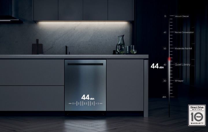 A man holding a sleeping child in a quiet kitchen next to a stainless steel dishwasher with a low noise icon.
