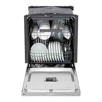 Front view of LG FlushFit™ Dishwasher | 46 dB, QuadWash® Pro, AutoVentDry™, Adj. 3rd Rack, Floor Status Indicator, Top Control, Stainless with door open- LDNPQ445S