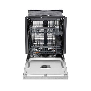 Front view of LG FlushFit™ Dishwasher | 46 dB, QuadWash® Pro, AutoVentDry™, Adj. 3rd Rack, Floor Status Indicator, Top Control, Stainless with door open- LDNPQ445S