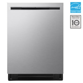 Front view of LG FlushFit™ Dishwasher | 24" 46 dB, QuadWash® Pro, AutoVentDry™, Adj. 3rd Rack, Floor Status Indicator Top Control, Stainless LDNPQ555S