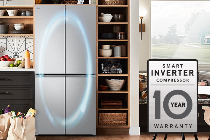 Silver LG four-door refrigerator in a kitchen setting with a blue light graphic and a 10-year warranty badge.