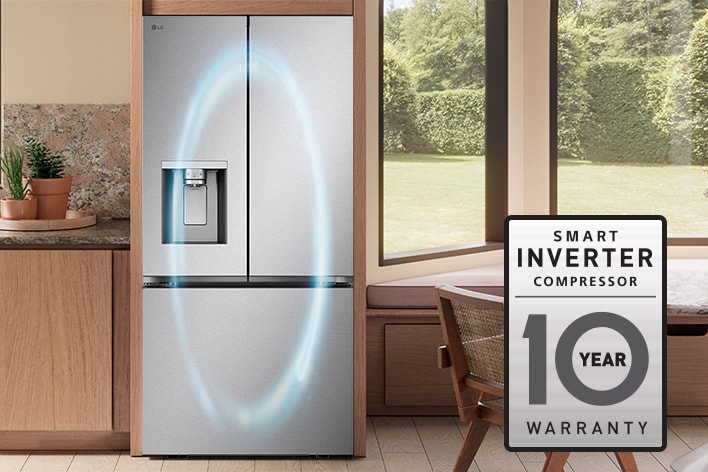 Close-up of a stainless steel LG Smart Inverter Compressor inside a refrigerator with a 10-year warranty logo.
