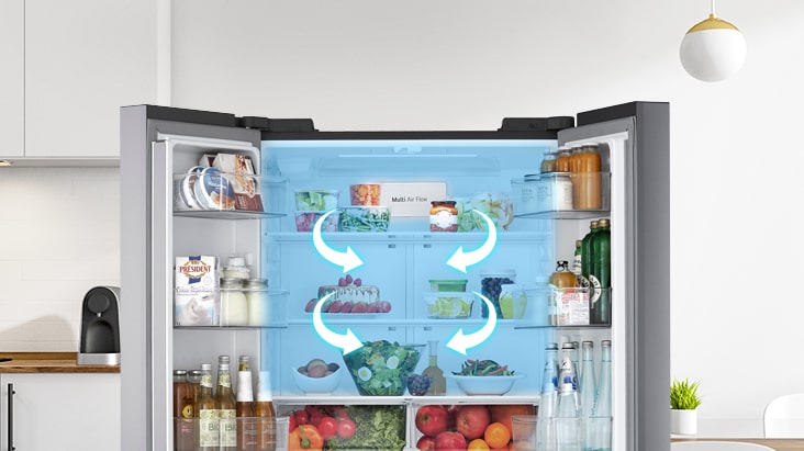 Open stainless steel refrigerator with Multi Air Flow graphic showing blue cooling waves over shelves of fresh food.