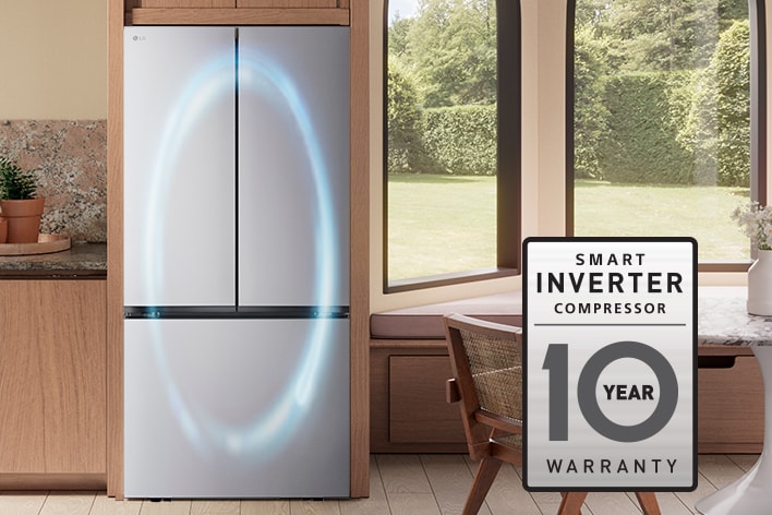 Stainless steel French door refrigerator in a modern kitchen with a blue light graphic and 10-year warranty badge.
