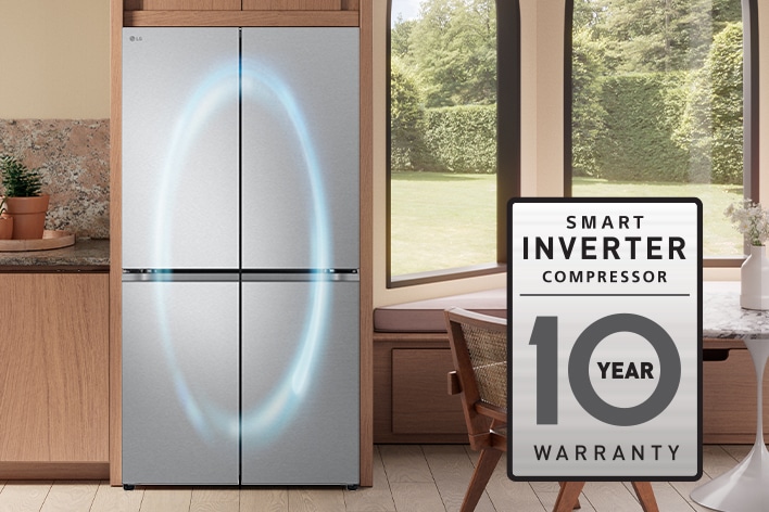 Close-up of a silver LG Smart Inverter Compressor inside a refrigerator with a 10-year warranty logo.