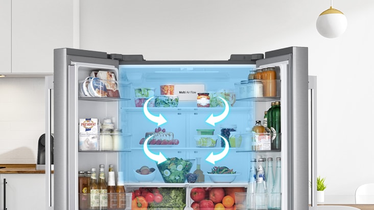 Open refrigerator filled with food, featuring blue light and arrows illustrating the Multi Air Flow cooling system.