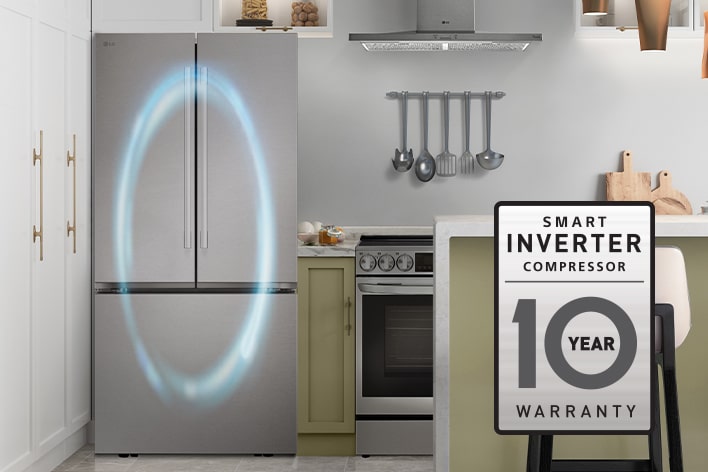 Stainless steel French door refrigerator in a kitchen with a blue light graphic and a 10-year warranty badge.