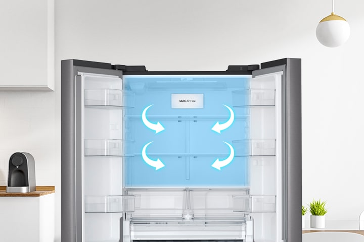 Open stainless steel refrigerator showing Multi Air Flow system with blue light and arrows circulating over food.