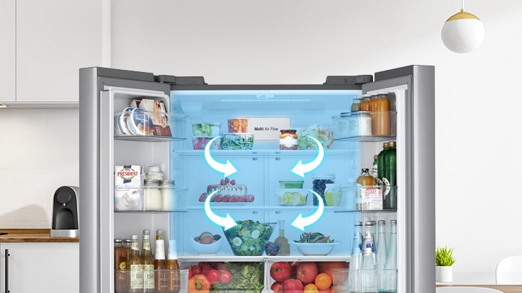 Open stainless steel refrigerator showing Multi Air Flow system with white arrows indicating air circulation over food.