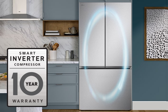 Stainless steel LG French door refrigerator in a kitchen with a blue light graphic and 10-year warranty badge.