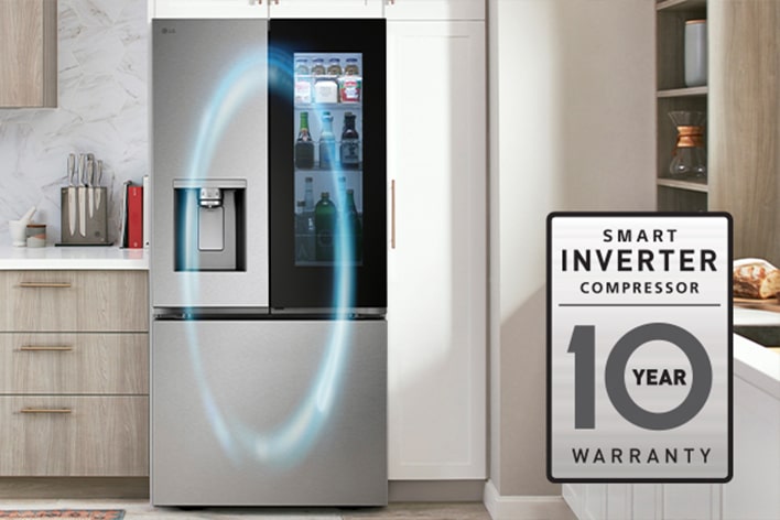 Close-up of an LG Smart Inverter Compressor inside a refrigerator with a 10-year warranty logo.