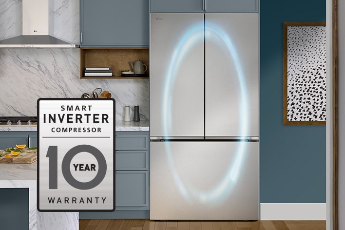LG stainless steel French door refrigerator in a kitchen with a 10-year smart inverter compressor warranty badge.